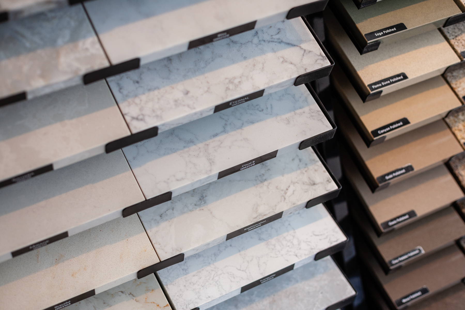 Quartz slab samples on display in the showroom
