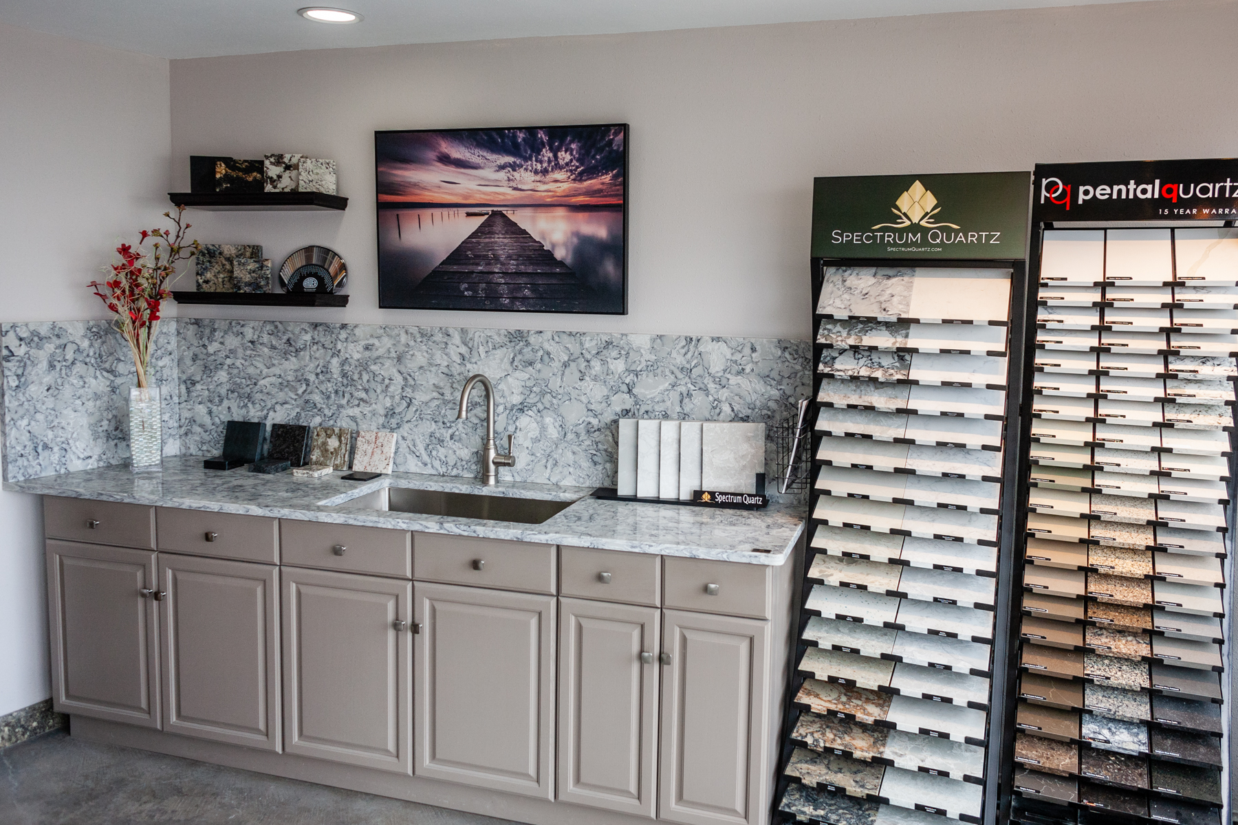 Showroom vignette with marble backsplash display and sample chips